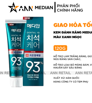 Kem Đánh Răng Median Màu Xanh Ngọc Dental IQ 93% Tartar Protection Toothpaste Gum 120g - 8809585101445