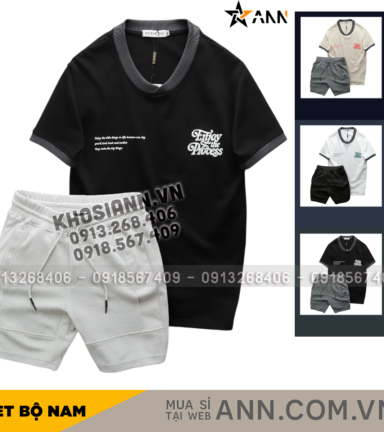 Set Bộ Nam Áo Thun Cổ Tròn In Chữ Enjoy The Process + Quần Short Thun Thể Thao Cao Cấp - SBN130