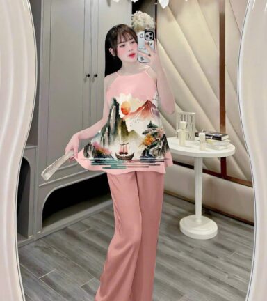 Đồ bộ mặc nhà siêu mát quần dài áo yếm dây nhiều bông lớn - DBO5190
