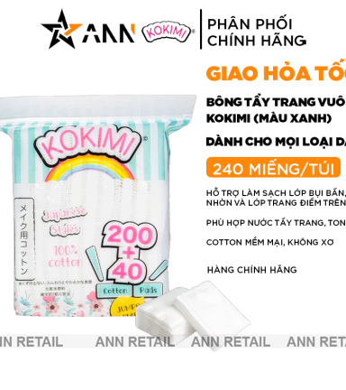 Bông Tẩy Trang Vuông Kokimi Màu Xanh Mềm Mại - 240 Miếng - 8936112020266