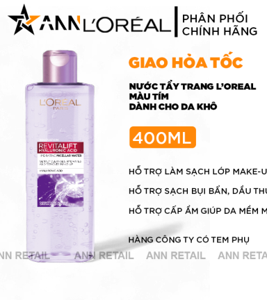Nước Tẩy Trang Loreal Màu Tím Sạch Sâu Cấp Ẩm Revitalift Hyaluronic Acid Micellar Water 400ml - Hàng Công Ty Có Tem Phụ - 6923700987782
