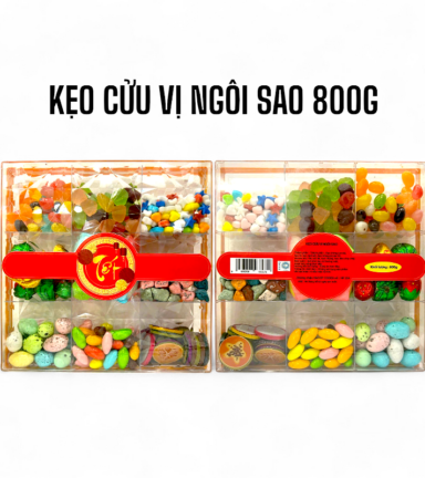 Set Hộp Mix Kẹo 9 Vị (Kẹo Trứng, Kẹo Bi, Kẹo Ngũ Sắc, Kẹo Bông, Socola 3D, Socola Mix, Kẹo Sỏi, Kẹo Nhộng, Kẹo Dẻo Chip Chip) Ngôi Sao Lớn 800G Hộp Tết - KCVHNSL800