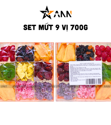Set Hộp Mix Mứt 9 Vị (Đào Hồng, Đào Vàng, Đào Bổ, Kiwi, Mận Cơm, Xí Muội Voi, Nho Vàng, Nho Chile, Vỏ Bưởi Chanh Dây) Ngôi Sao Lớn 700G Hộp Tết 2026 - MCVHNSL700