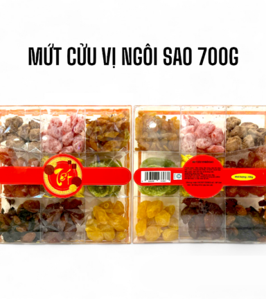 Set Hộp Mix Mứt 9 Vị (Đào Hồng, Đào Vàng, Đào Bổ, Kiwi, Mận Cơm, Xí Muội Voi, Nho Vàng, Nho Chile, Vỏ Bưởi Chanh Dây) Ngôi Sao Lớn 700G Hộp Tết - MCVHNSL700
