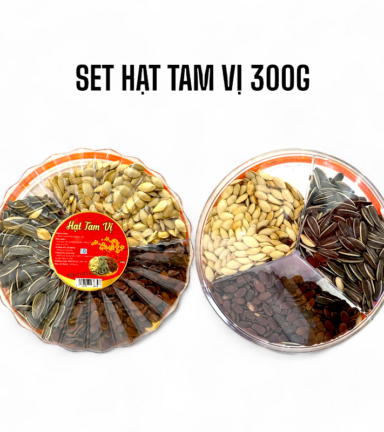 Set Hộp Mix Hạt 3 Vị (Hạt Dưa, Hạt Hướng Dương, Hạt Bí Trắng) Sun Khía 3 Ngăn 300G Hộp Tết - HTVHSK300