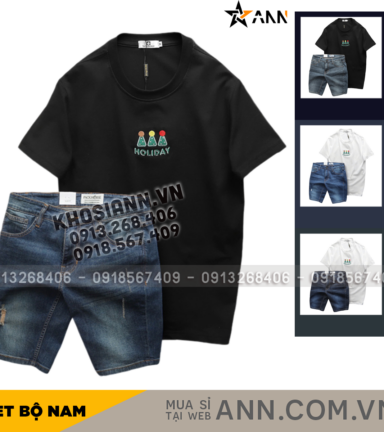Set Bộ Nam Áo Thun Cổ Tròn In Nổi Chữ Holiday + Quần Short Jeans Chất Liệu Co Giãn (Có Size 3X) - SBN133