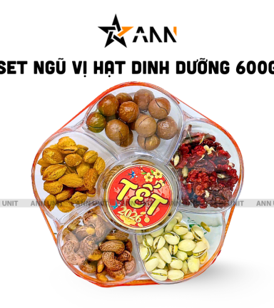 Set Hộp Mix Hạt Ngũ Vị (Hạt Điều Rang Muối, Quả Óc Chó Vàng, Quả Óc Chó Đỏ, Macca, Hạt Dẻ Cười, Hạnh Nhân Rang Bơ) Bông Mai 600G Hộp Tết 2026 - HLVHBM600