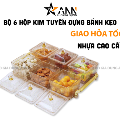 Bộ 6 Hộp Mứt - Khay Đựng Mứt Tết - Hũ Đựng Bánh Kẹo Hoa Quả Bằng Nhựa Kim Tuyến - KMBKKT6