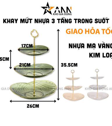 Khay Mứt Nhựa Mạ Vàng 3 Tầng Trong Suốt - Khay Đựng Mứt Tết Bánh Kẹo 35,5x26cm - KDM3TTS