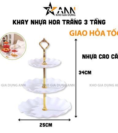 Khay Nhựa Hoa Trắng 3 Tầng - Khay Đựng Mứt Bánh Kẹo Tết 34x25cm - KDM3THT