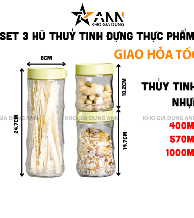 Set 3 Hũ Thủy Tinh Đựng Thực Phẩm - Lọ Thủy Tinh Cao Cấp 400 - 570ml - 1000ml - HTTDTP3