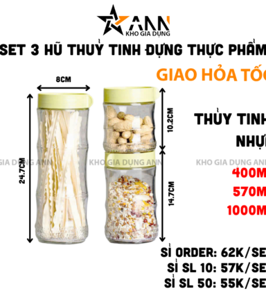 Set 3 Hũ Thủy Tinh Đựng Thực Phẩm - Lọ Thủy Tinh Cao Cấp 400 - 570ml - 1000ml - HTTDTP3
