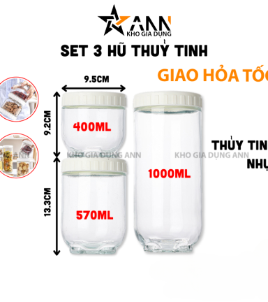 Set 3 Hũ Thủy Tinh Đựng Thực Phẩm - Lọ Thủy Tinh Đựng Đồ Khô 400 - 570- 1000ml - 3LHTT