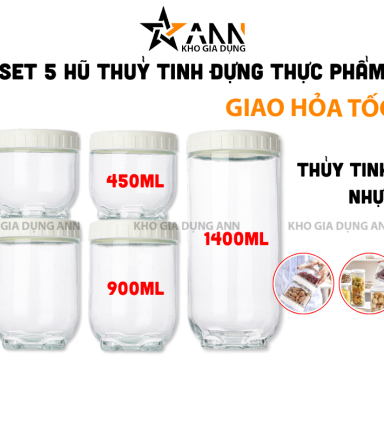 Set 5 Hũ Thủy Tinh Đựng Thực Phẩm - Lọ Thủy Tinh Đựng Đồ Khô 450 - 900 - 1400ml - 5LHTT