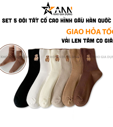 Set 5 Đôi Vớ Cổ Cao Họa Tiết Hình Gấu - Đôi Tất Cổ Cao Phong Cách Hàn Quốc - DTCC01
