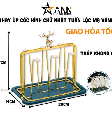 Khay Úp Cốc Hình Chữ Nhật Mạ Vàng - Khay Úp Ly Tuần Lộc 17x14x20cm - KULMVTL01