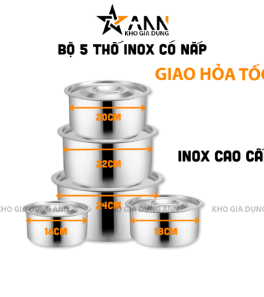 Bộ 5 Thố Inox Có Nắp Đựng Thực Phẩm Cao Cấp - BTINCN