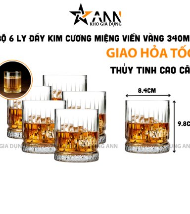 Bộ 6 Ly Đáy Kim Cương Trắng Trong Viền Vàng - Cốc Thủy Tinh Cao Cấp 340ml - LTTDKC01