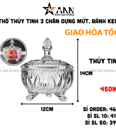 Thố Thủy Tinh 3 Chân Deli Tg15 - Hộp Thủy Tinh Đựng Mứt Bánh Kẹo 450ml 14x12cm - TTT3C01