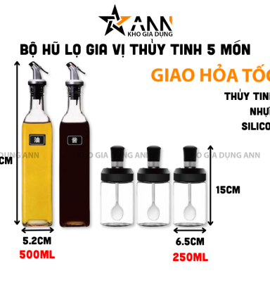 Bộ Hũ Lọ Gia Vị Thủy Tinh 5 Món 500ml 250ml 31x5.2cm & 15x6.5cm - BHTT02