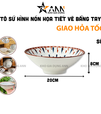 Tô Sứ Hình Nón Họa Tiết Vẽ Bằng Tay Cao Cấp 20x20x8cm - TSHN01