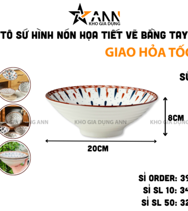 Tô Sứ Hình Nón Họa Tiết Vẽ Bằng Tay Cao Cấp 20x20x8cm - TSHN01