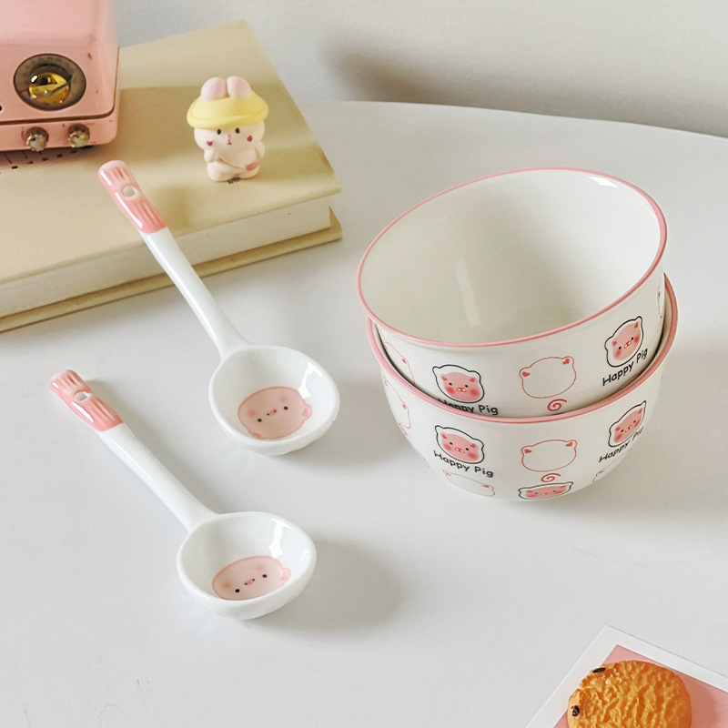 Set 2 Chén Sứ Cao Cấp - Bát Họa Tiết Heo Hồng Dễ Thương Kèm Muỗng 6.4x11.4cm 9 Set 2 Chén Sứ Cao Cấp - Bát Họa Tiết Heo Hồng Dễ Thương Kèm Muỗng 6.4x11.4cm