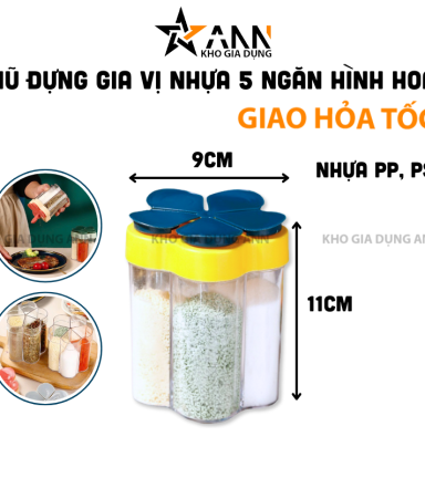 Hũ Đựng Gia Vị Nhựa Cao Cấp - Lọ Gia Vị 5 Ngăn Hình Hoa 9x11cm - DGV01