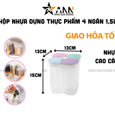 Hộp Nhựa Trong Suốt Đựng Thực Phẩm Khô - Hộp Nhựa Chống Thấm Nước 4 Ngăn 1,5L 13x13x15cm - HDTP01
