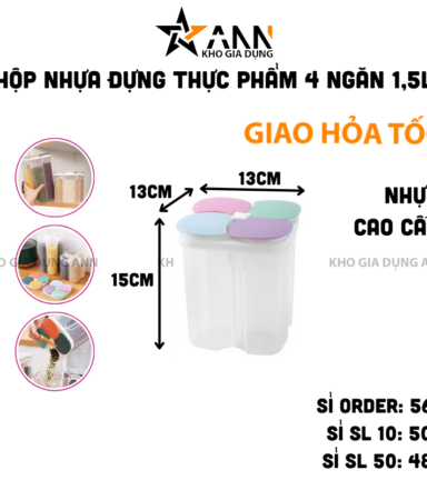 Hộp Nhựa Trong Suốt Đựng Thực Phẩm Khô - Hộp Nhựa Chống Thấm Nước 4 Ngăn 1,5L 13x13x15cm - HDTP01