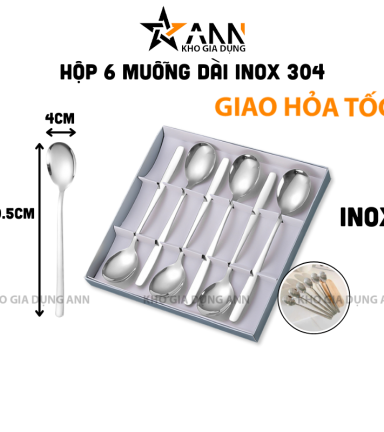 Hộp 6 Muỗng Dài Inox 304 - Thìa Inox Cao Cấp Bền Đẹp 20.5x4cm - MIN30402