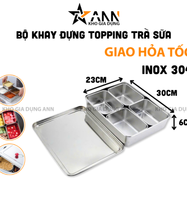 Bộ Khay Gia Vị - Khay Đựng Topping Trà Sữa Inox 304 4 Ngăn Có Nắp Đậy 30x23x6cm - KSTS01