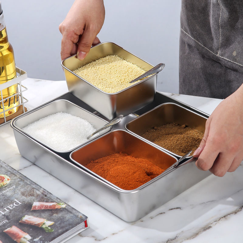 Bộ Khay Gia Vị - Khay Đựng Topping Trà Sữa Inox 304 4 Ngăn Có Nắp Đậy 30x23x6cm 4 Bộ Khay Gia Vị - Khay Đựng Topping Trà Sữa Inox 304 4 Ngăn Có Nắp Đậy 30x23x6cm