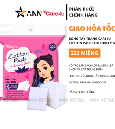 Bông Tẩy Trang Vuông Care4u Cotton Pads For Lovely Girl - 233 Miếng - 4973560041652