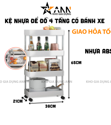 Kệ Để Đồ - Kệ 4 Tầng - Kệ Bếp - Kệ Nhựa Để Đồ Có Bánh Xe 65cmx38cmx21cm - KDD4T01