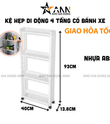 Kệ Hẹp Để Đồ 4 Tầng - Kệ Bếp - Kệ Nhựa Có Bánh Xe 93x40x13,8cm - KDD4T02