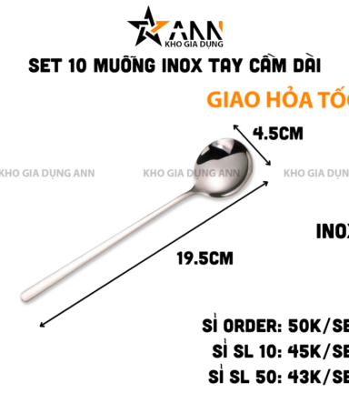 Set 10 Muỗng Dài Inox 304 - Thìa Inox Cao Cấp Bền Đẹp 19.5x4.5cm - MIN30403