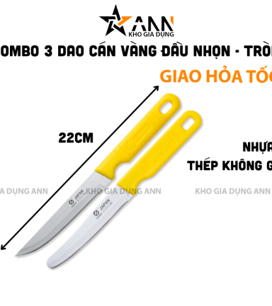 Combo 3 Dao Cán Vàng Đầu Nhọn – Tròn - Dao Gọt Trái Cây 22cm - DCTC01