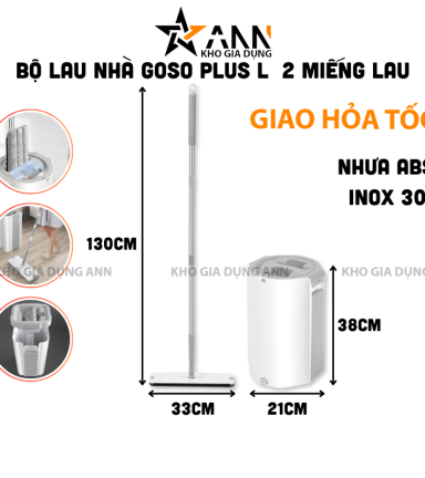 Cây Lau Nhà GOSO Plus L + 2 Miếng lau + Thùng - Cây Lau Nhà Tự Vắt Xoay 360 Độ 33×12×130cm 21×21×38cm - CLNTV01