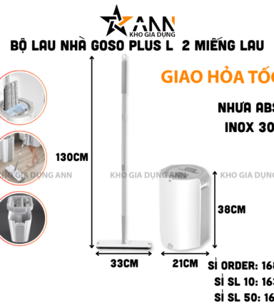 Cây Lau Nhà GOSO Plus L + 2 Miếng lau + Thùng - Cây Lau Nhà Tự Vắt Xoay 360 Độ 33×12×130cm 21×21×38cm - CLNTV01