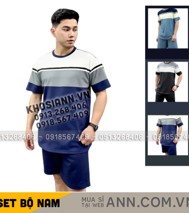 Set Bộ Nam Áo Thun Cổ Tròn Tay Ngắn Phối Sọc Màu + Quần Short Thun Thể Thao Cao Cấp (Big Size) - SBN139