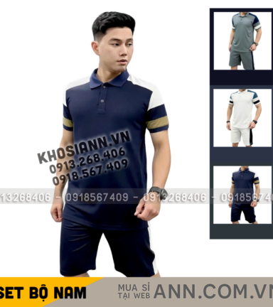 Set Bộ Nam Áo Thun Cổ Bẻ Phối Sọc Màu + Quần Short Thun Thể Thao (Big Size) - SBN141