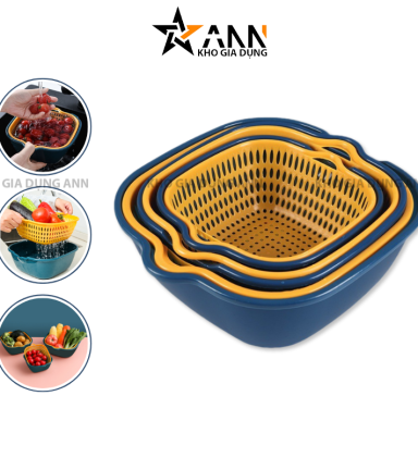 Bộ Rổ 6 Món Kèm Chậu Chất Liệu Nhựa Cao Cấp - Bộ Thau Rổ Đựng Rau Củ Quả 25x25x10cm, 21x21x8cm, 17x17x7cm - RCDRC01