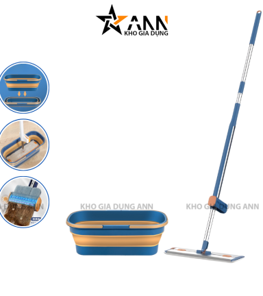 Bộ Cây Lau Kèm Xô Gấp Gọn Silicon - Cây Lau Nhà Tặng Kèm 2 Bông Lau - CLNTV04