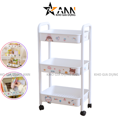 Kệ Nhựa 3 Tầng Trắng Có Bánh Xe Kèm Sticker Trang Trí - KDDCC01