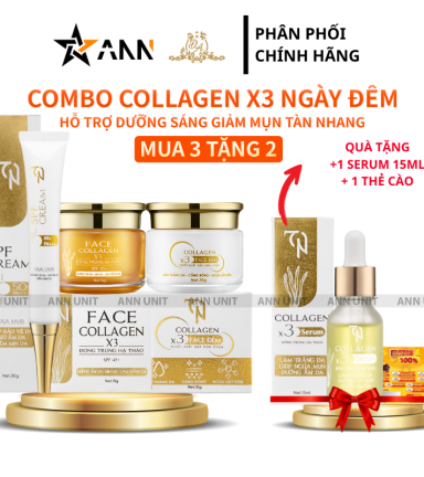 COMBO 5 SAN PHAM Collagen X3 ( FACE NGÀY+ FACE ĐÊM+ CHỐNG NẮNG + SERUM+ THẺ CÀO) Mỹ Phẩm Đông Anh - COMBO5SANPHAM