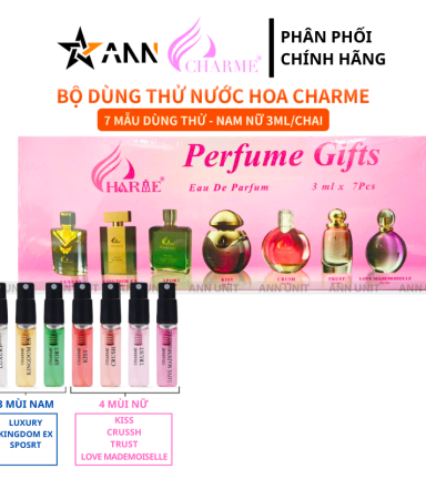 Bộ Dùng Thử Nước Hoa Charme Màu Hồng 7 Mẫu (4 Mùi Nam & 3 Mùi Nữ) Dung Tích 3ml/Chai - CHARMEKIT7HONG