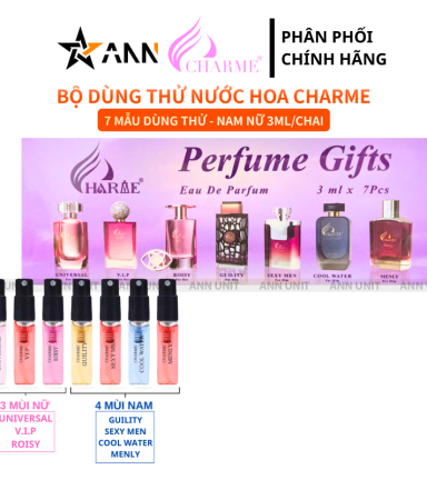 Bộ Dùng Thử Nước Hoa Charme Màu Tím 7 Mẫu (4 Mùi Nam & 3 Mùi Nữ) Dung Tích 3ml/Chai - CHARMEKIT7TIM