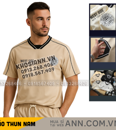 Áo Thun Nam Cổ Tròn Phối Sọc Và In Logo Chữ Bền Đẹp Trước Ngực Có Big Size - CS279