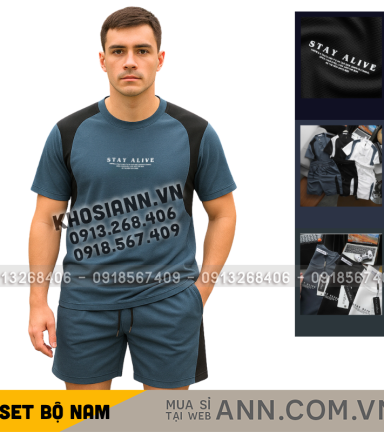Set Bộ Nam - Set Bộ Áo Thun Nam Cổ Tròn In Chữ Trước Ngực & Quần Short Phối Sọc Màu Cao Cấp Bigsize - SBN146